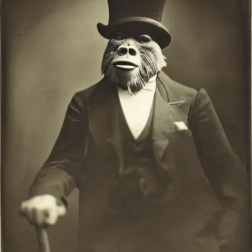 Image similar to a vintage wet plate portrait of a dignified bigfoot with a top hat and cane, extremely detailed, by george hurrell!!!!!!!!!!!!!!!!!!