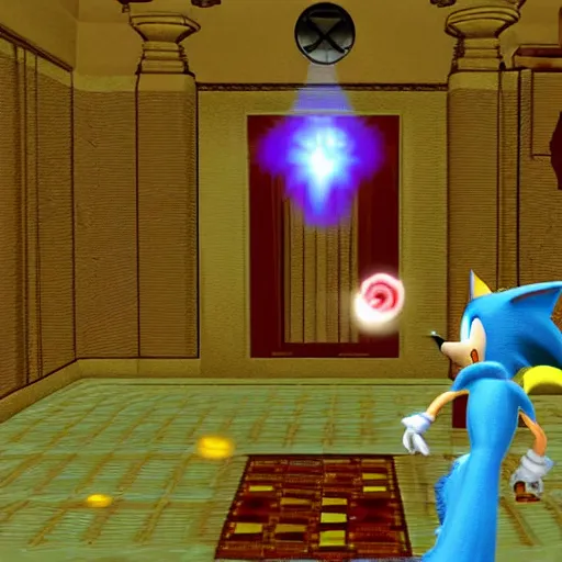 Image similar to sonic the hedgehog in a haunted mansion in a screenshot of sonic adventure 2 on the dreamcast