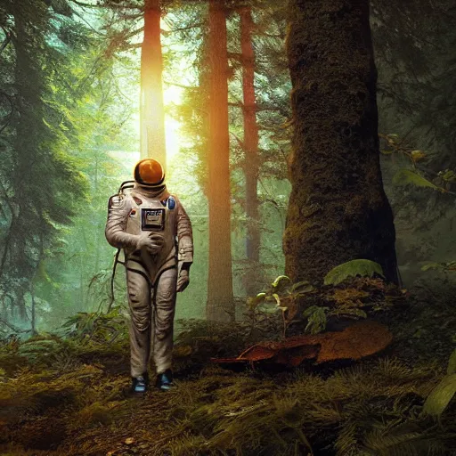 Image similar to american astronaut in the forest, plants environment, wide angle, cinematic lighting, atmospheric, realistic, octane render, highly detailed, in the style of craig mullins