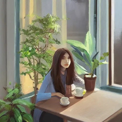 Image similar to a cozy cute cafe with tables, a big window and plants, a young pretty thin filipino woman with long hair sits with an espresso, golden morning light, dramatic light, happy cozy feelings, oil painting trending on artstation