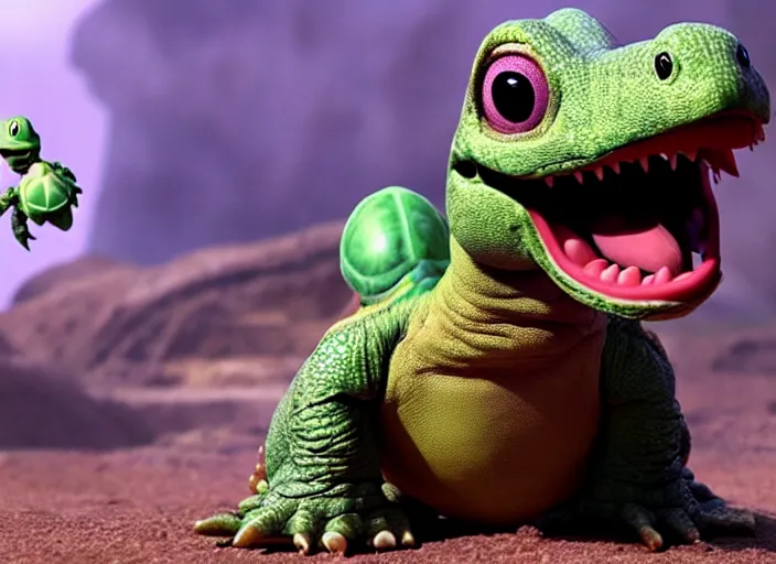 Image similar to film still of yoshi in the new sci - fi movie, cute upright dinosaur with a small turtle shell and long tongue, 8 k