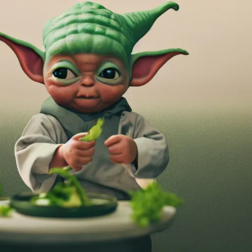 Prompt: curious innocent tiny baby yoda as chef wearing white chefs hat and white apron and giving thumbs up, vegetables, photography, hyperrealism, unreal engine, octane 3 d render, houdini, unity 3 d, highres, adobe premier pro, trending on artstation, trending on deviantart