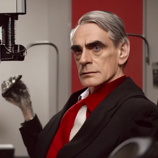 Image similar to a scene from the movie dead ringers with clean shaven jeremy irons, dark cinematic lighting, heavy black and red palette and color contrast, medical equipment, movie directed by wes craven, 3 d octane render