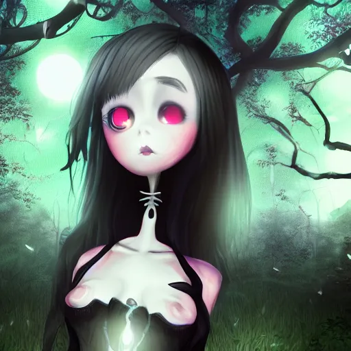 Prompt: portrait of beautiful darkness witch as a 3D anime girl, dark forest moonlight background, inspired by Tim Burton, digital painting, unreal engine render, volumetric light, high détail