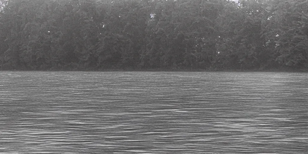 Image similar to infinitely long rope zig zagging across the surface of the water into the distance, floating submerged rope stretching out towards the center of the lake, a dark lake on a cloudy day, moody scene, trees in the background, hyper - detailed photograph, 4 k anamorphic lens