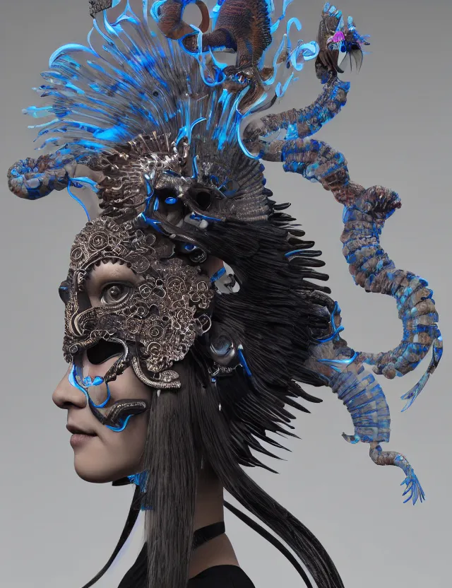 Image similar to 3 d goddess close - up profile portrait biomechanics with ram skull. beautiful intricately detailed japanese crow kitsune mask and clasical japanese kimono. betta fish, jellyfish phoenix, bio luminescent, plasma, ice, water, wind, creature, artwork by tooth wu and wlop and beeple and greg rutkowski