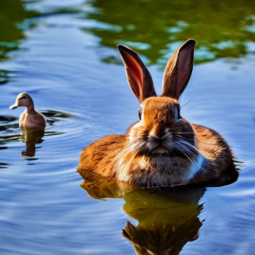 Image similar to high detailed photo of a rabbit relaxing at a nearby lake with a duck floating by.