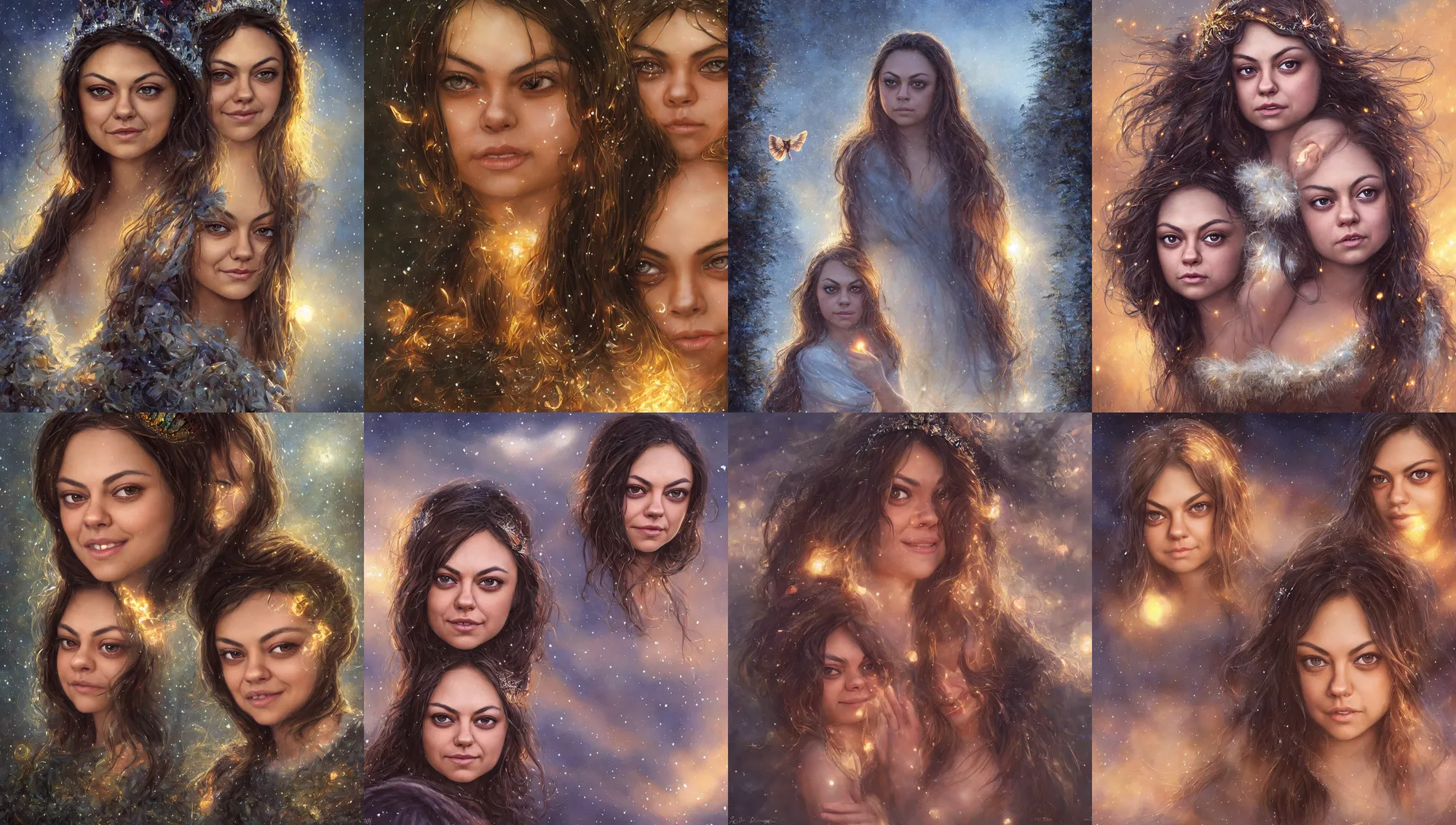 Image similar to big - eyed mila kunis winter princess smiling intensely into the camera, sundown golden hour firefly wisps, steve hanks, charlie bowater, mark brooks, steve henderson, justin gerard, mark keathley, victor nizovtsev, tom bagshaw, krenz cushart, ross tran, focal length : 2 0 0. 0 mm