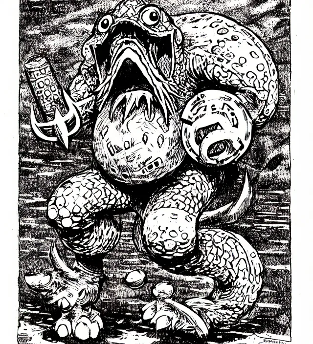 Image similar to a nintendo octorok as a d & d monster, pen - and - ink illustration, etching, by russ nicholson, david a trampier, larry elmore, 1 9 8 1, hq scan, intricate details, high contrast, no background