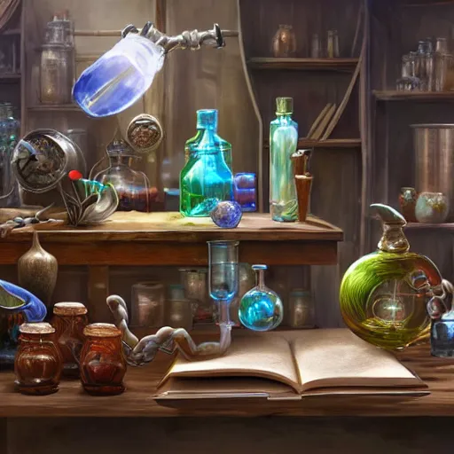 Prompt: hyper real, table, map, wizards laboratory, tony sart, mortar, pestle, scales, energy flowing, magic book, beakers of colored liquid