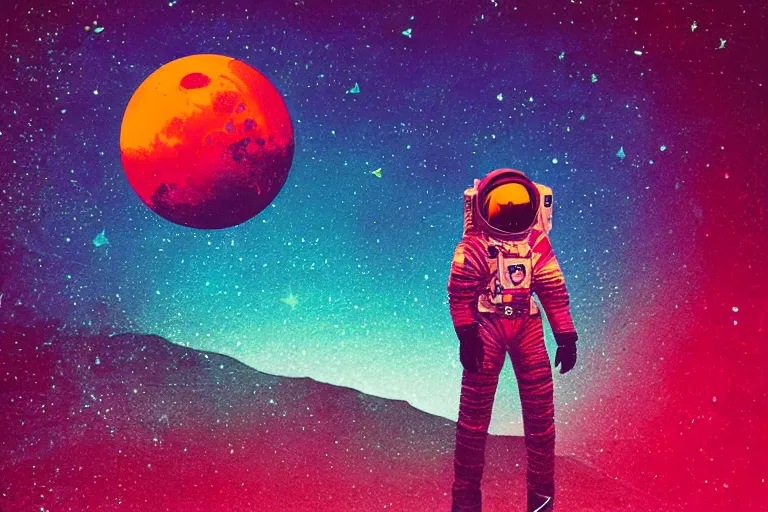 Image similar to an astronaut standing on mars in the style of flooko, acrylic art, detailed, moonlight, red lighting, bokeh, synthwave, psychedelic, glitch, neon,