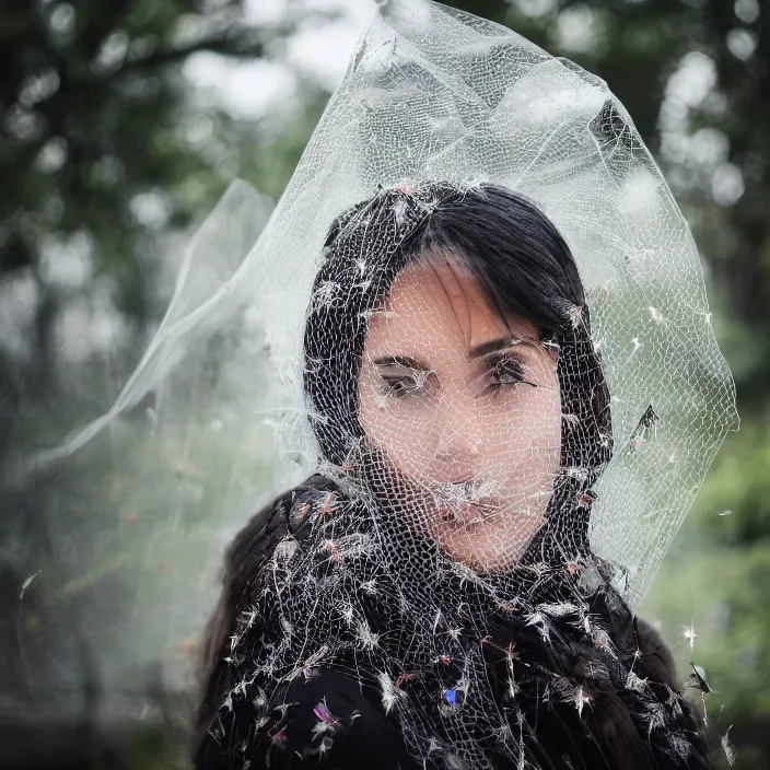 Prompt: a closeup portrait of a woman wearing a veil made of birds, in an abandoned theme park, by omar z. robles, canon eos c 3 0 0, ƒ 1. 8, 3 5 mm, 8 k, medium - format print