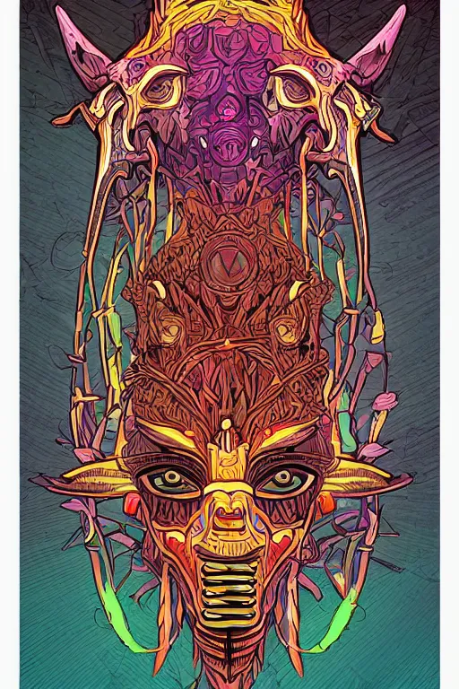 Image similar to animal mask totem roots flower tribal feather gemstone plant wood rock shaman vodoo video game vector cutout illustration vivid multicolor borderlands comics by josan gonzales and dan mumford radiating a glowing aura