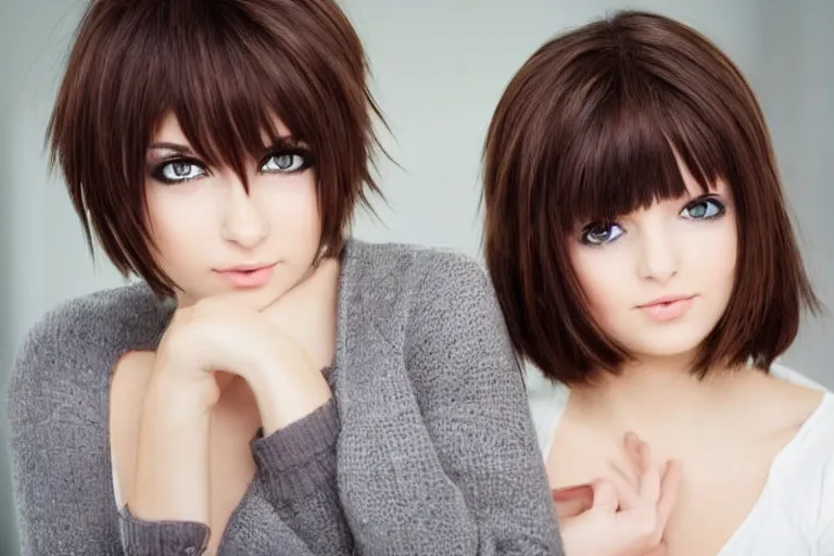 Image similar to beautiful woman with short brown hair, brown eyes, anime