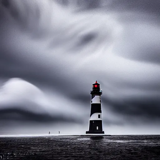 Image similar to stormy ocean at midnight, dark storm clouds overhead, lighthouse in the background concealed by fog, hurricane, dark midnight sky