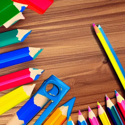 Image similar to back to school with school supplies and equipment, background and poster for back to school, lots of colored pencils along with a pencil sharpener and a ruler, 3 d rendering