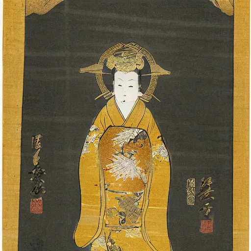 Prompt: a golden baby seal deity, radiating golden light, wearing royal kimono, Japanese ink drawing from 1850