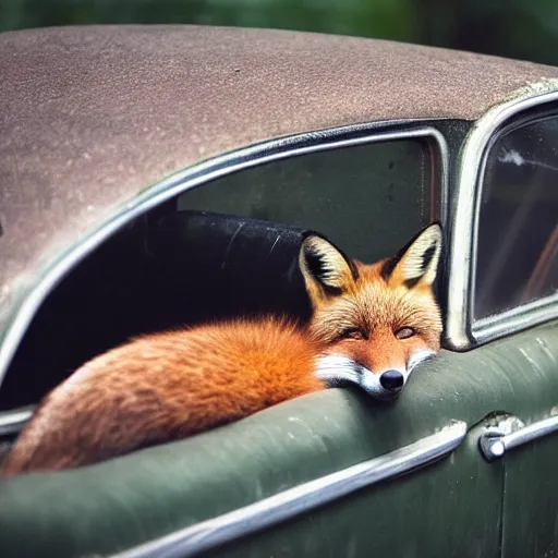 Image similar to fox sleeping on an old car, award winning photography