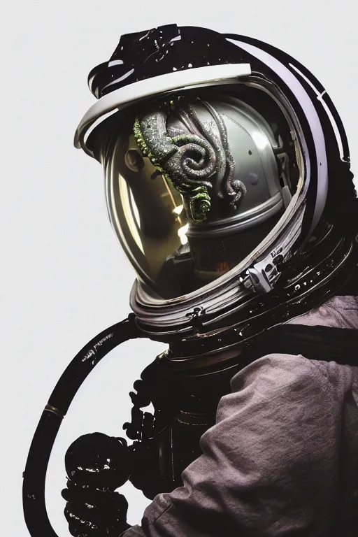 Image similar to extremely detailed studio portrait of space astronaut, alien tentacle protruding from eyes and mouth, slimy tentacle breaking through helmet visor, shattered visor, full body, soft light, plain studio background, disturbing, shocking realization, award winning photo by paola agosti