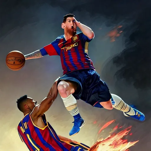 Image similar to Messi dunking on Ronaldo in the NBA, D&D, fantasy, intricate, elegant, highly detailed, digital painting, artstation, concept art, matte, sharp focus, illustration, art by Artgerm and Greg Rutkowski and Alphonse Mucha