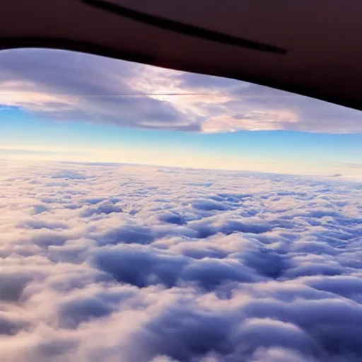 Prompt: beautiful sky from inside airplane window sun big fluffy clouds close ultra realistic 4k