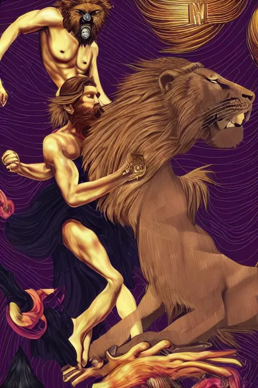 Prompt: hyperreality illustrator from karah mew in collaboration with jennifer mccord and tetsuya nomura, depicting hercules against the cremean lion, this image is very detailed and also very aesthetic, winning an award as the best pop art illustration of this century.