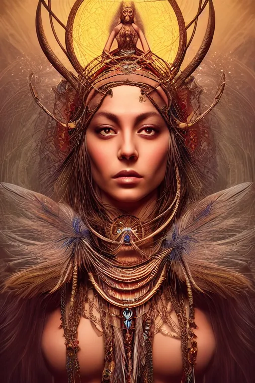 Image similar to a centered photo of a single alluring mystical tribal goddess adorned with feathers and gemstones and cables and synthesizer parts is surrounded by sacred geometry made from elven architecture, full body, gorgeous, perfect face, powerful, cinematic, beautifully lit, by artgerm, by karol bak, 3 d, trending on artstation, octane render, 8 k