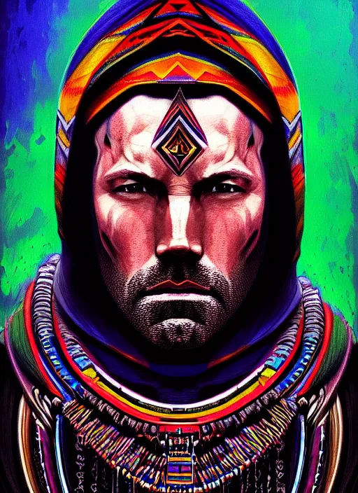 Image similar to portrait of ben affleck, hyper detailed ultra sharp aztec shaman warrior. trending on artstation, warpaint aesthetic, bloodwave, colorful, psychedelic, ornate, intricate, digital painting, concept art, smooth, sharp focus, illustration, art by artgerm and greg rutkowski and h. r. giger, 8 k