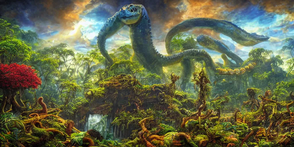 Image similar to fantasy oil painting, great leviathan, turtle cephalopod terrapin reptilian pachyderm amphibian hybrid, rainforest mountains, lush plants flowers, epic natural light, bright clouds, luminous sky, aircraft, outer worlds, bright cinematic key lighting, michael cheval, michael whelan, vray, 8 k hd