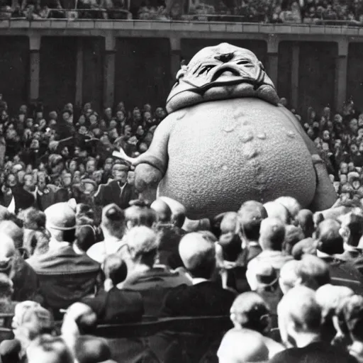 Prompt: pizza the hut giving a speech to thousands at Nuremberg 1939