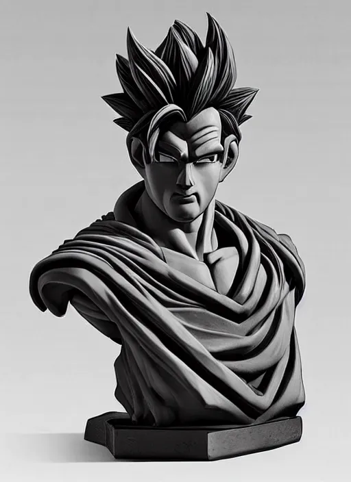 Prompt: an orthographic bust sculpture goku, studio lighting by Wes Anderson