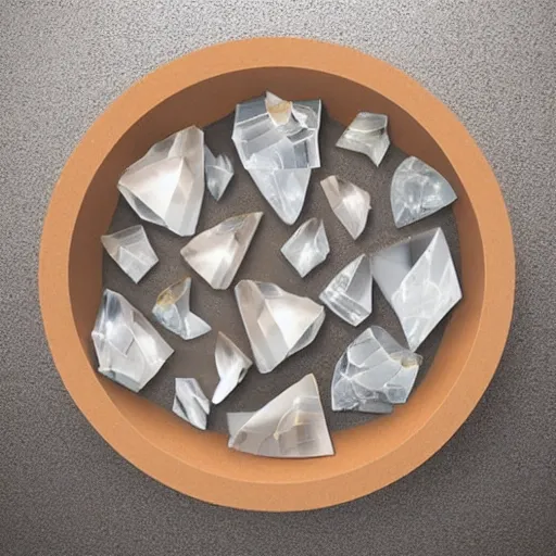 Prompt: broken crystal pieces positioned in a circle inside the cardboard box, hyper realistic