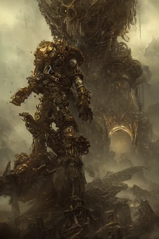 Prompt: Abstract tech close up action scene of a old steampunk warrior facing a gigantic etheral monster, ruins, horror, volumetric clouds, focus, detailed, realistic eyes, symmetric body features proportions, intricate details, award winning, unreal render, by Tom Bagshaw