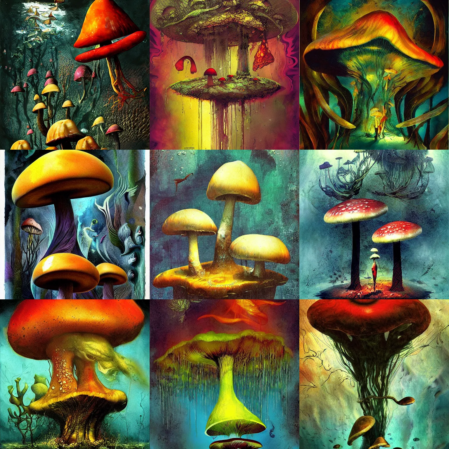 Prompt: a deep underwater, psychedelic mushrooms dream, by dave mckean, artstation