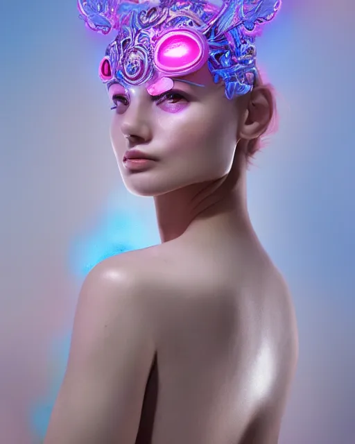 Image similar to natural light, soft focus portrait of an android with soft synthetic pink skin, blue bioluminescent plastics, smooth shiny metal, elaborate ornate head piece, piercings, skin textures, by annie liebovotz, paul lehr