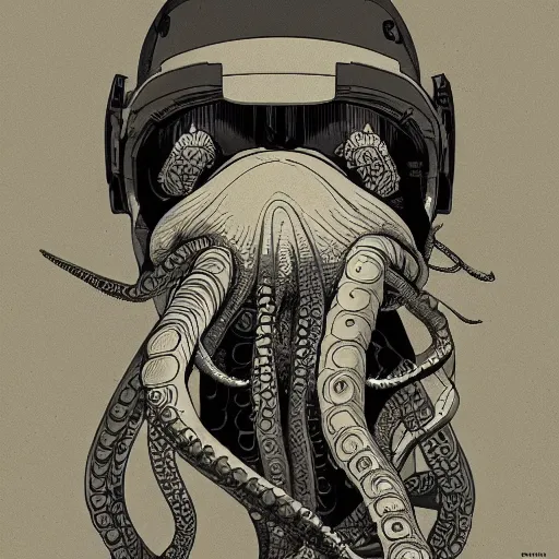 Image similar to Octopus on a spacewalk, Industrial Scifi, detailed illustration, techwear, Chiaroscuro, character portrait, by Martin Grip and Moebius