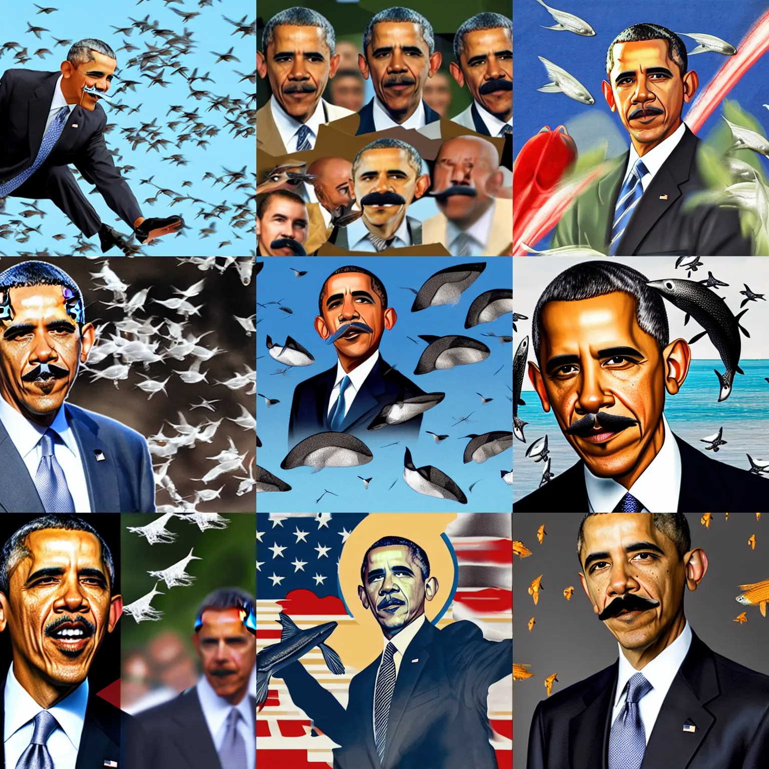 Prompt: Obama with a mustache while a school of flying fishes fly over him