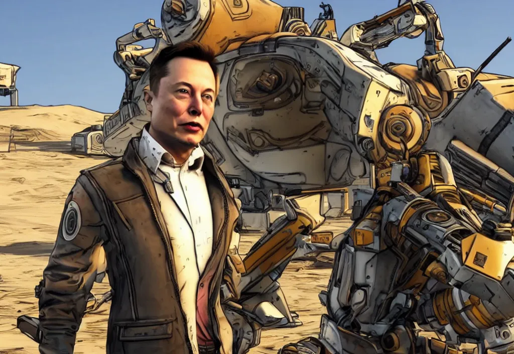 Image similar to elon musk in borderlands elon musk in the video game borderlands, gameplay screenshot, close up, 3 d rendering. unreal engine. amazing likeness. very detailed.