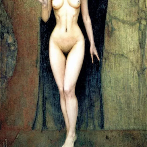 Prompt: masterpiece full body portrait of a beautiful vampire woman with a perfect body wearing silk slip in a dungeon setting, by Edgar Maxence and Ross Tran and Michael Whelan and Gustav Klimpt