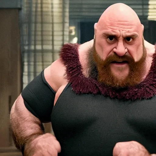 Prompt: movie still of Danny DeVito starring as zangief in the 2026 live action street fighter movie