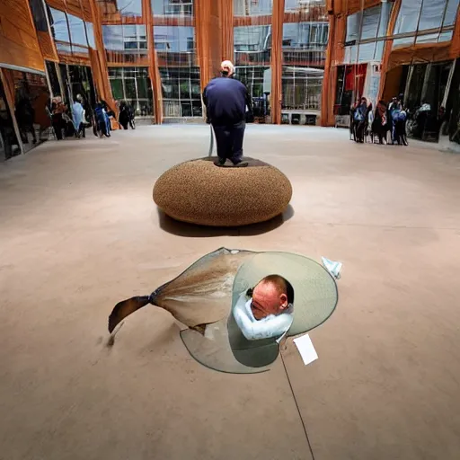 Image similar to a rotund man with fish head praying, ron mueck masterpiece, wide angle view, exhibition