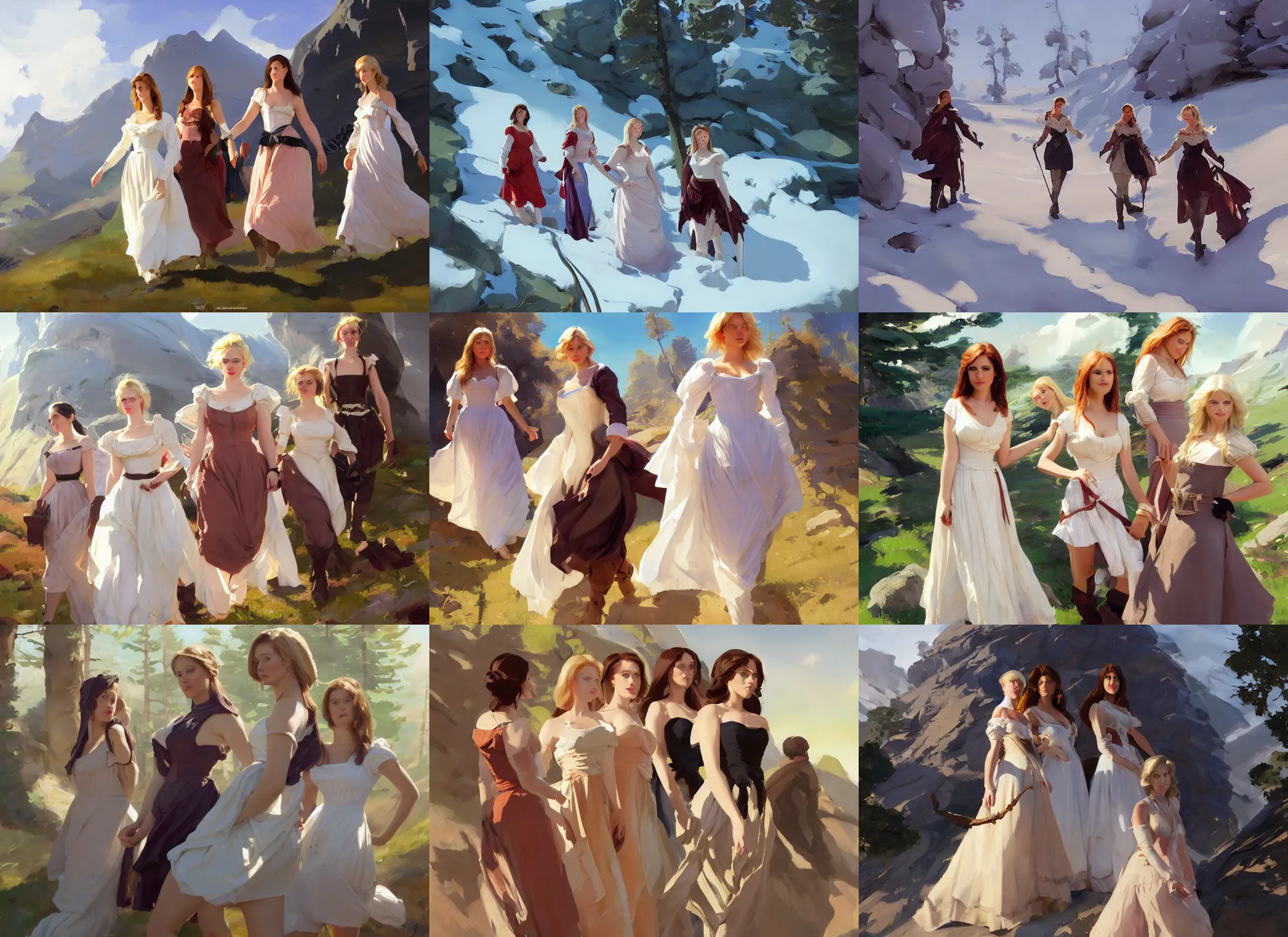 Image similar to five of beautiful finnish norwegian swedish scandinavian attractive glamour models wearing 1 7 th century bodice with low neckline walking in the mountains in a sunny day, jodhpurs greg manchess painting by sargent and leyendecker, studio ghibli fantasy medium shot asymmetrical intricate elegant matte painting illustration hearthstone, by greg rutkowski by greg tocchini by james gilleard