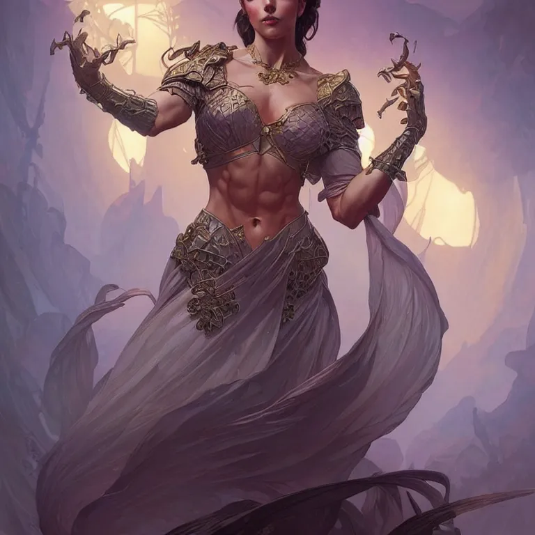 Image similar to queen hot female, muscular upper body,lean body,D&D, fantasy, intricate, elegant, highly detailed, digital painting, artstation, concept art, smooth, sharp focus, illustration, art by artgerm and greg rutkowski and alphonse mucha