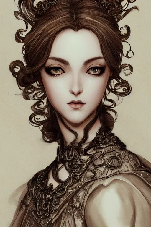 Image similar to portrait of a woman's face, baroque style, elegant, beautiful, intricate lining, mesmerizing, concept art, fancy clothing, highly detailed, artstation, trending, inspired by innocent manga, inspired by castlevania concept art, by ayami kojima, shinichi sakamoto