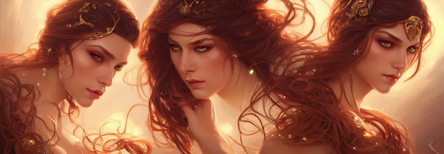 Image similar to fantasy magic woman portrait, sci-fi, amber eyes, face, long hair, fantasy, intricate, elegant, highly detailed, digital painting, artstation, concept art, smooth, sharp focus, illustration, art by artgerm and greg rutkowski and alphonse mucha