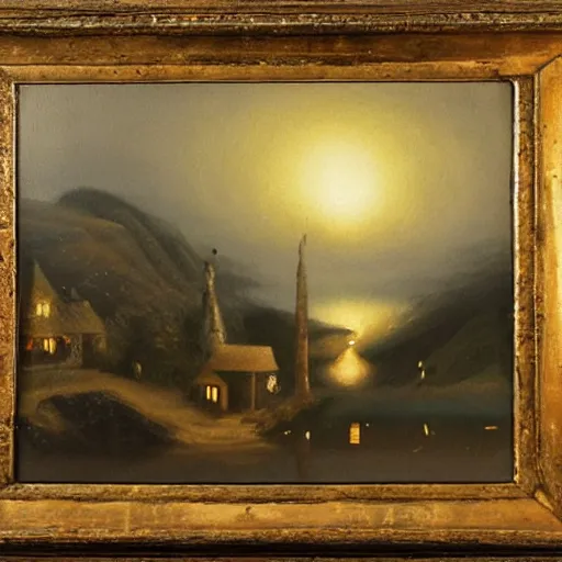 Prompt: a lamplit village on the coast of a lake, deep underground oil on canvas