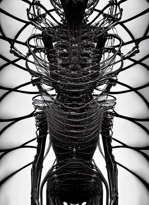 Image similar to walking down the catwalk, steven klein, show, stage, vogue photo, podium, fashion show photo, iris van herpen, beautiful woman, full body shot, masterpiece, inflateble shapes, alien, giger, plant predator, guyver, jellyfish, wires, veins, white biomechanical details, wearing epic bionic cyborg implants, highly detailed