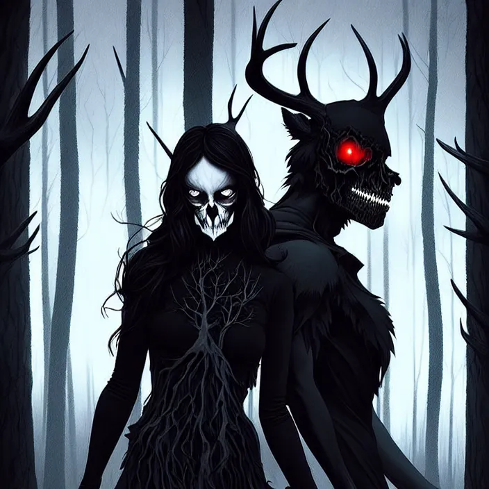 Prompt: style artgerm, joshua middleton, artgerm, rafael albuquerque : : scary wendigo with antlers and skull face mixed with werewolf : : [ [ beautiful witch wearing a black dress, symmetrical face, on the right side ] ] : : in the forest, detailed, dark and foggy, cinematic lighting