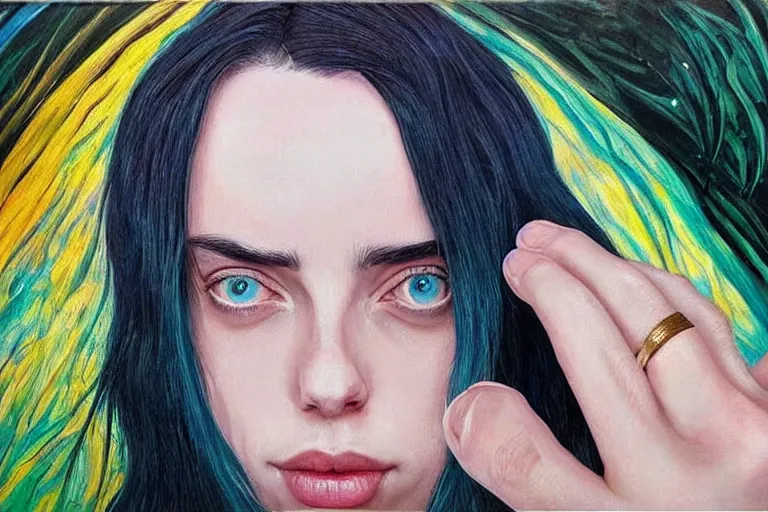 Image similar to billie eilish, fantasy, painting, ultra realistic!!!, clear weather, golden hour, sharp focus