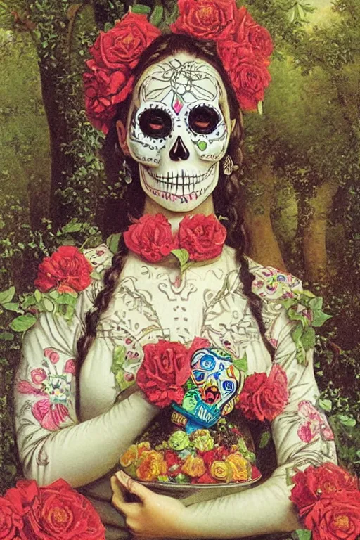 Prompt: illustration of a sugar skull day of the dead girl, art by edmund blair leighton